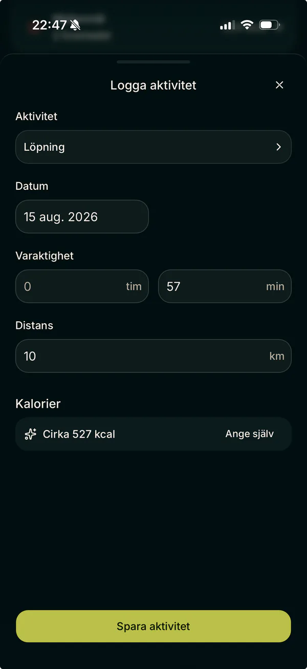 Aktivitetsloggen i Kalorima med ett löppass.