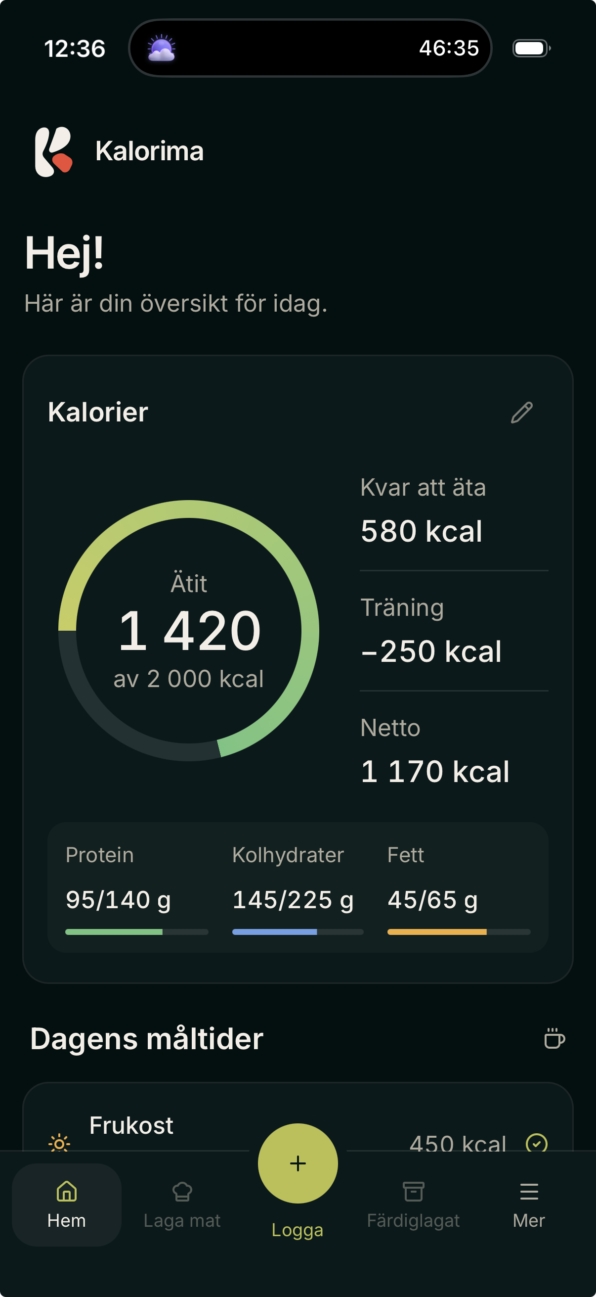 Kalorimas dagsöversikt med kalorier, näring och dagens måltider.