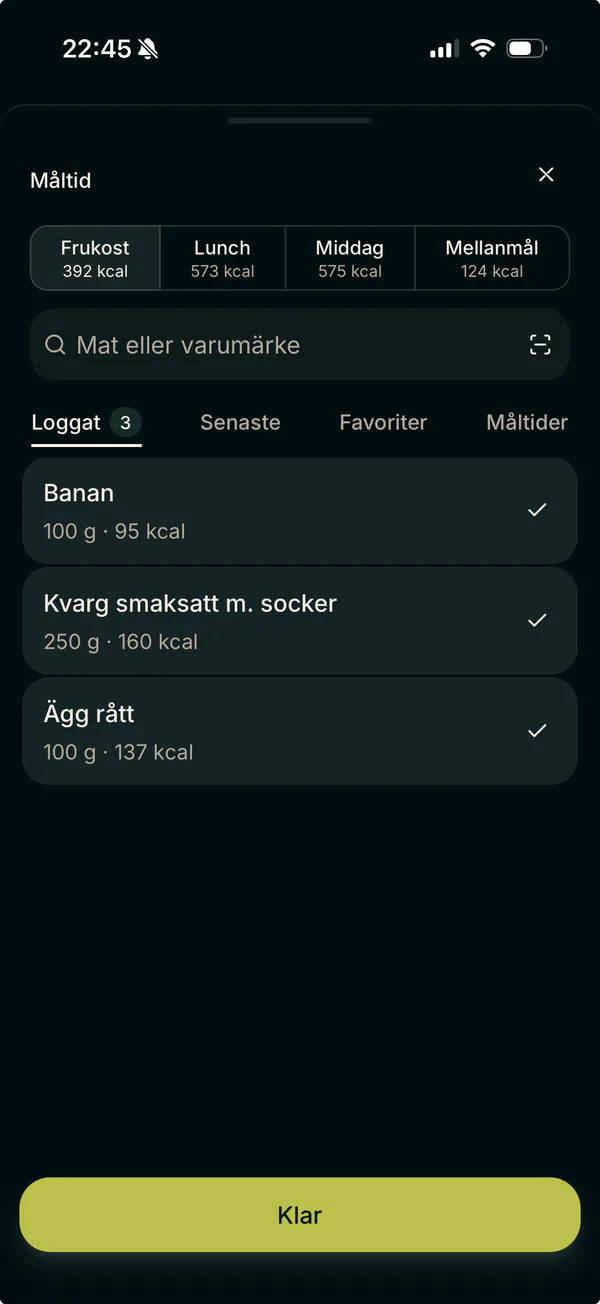En måltid i Kalorima med flera loggade livsmedel.