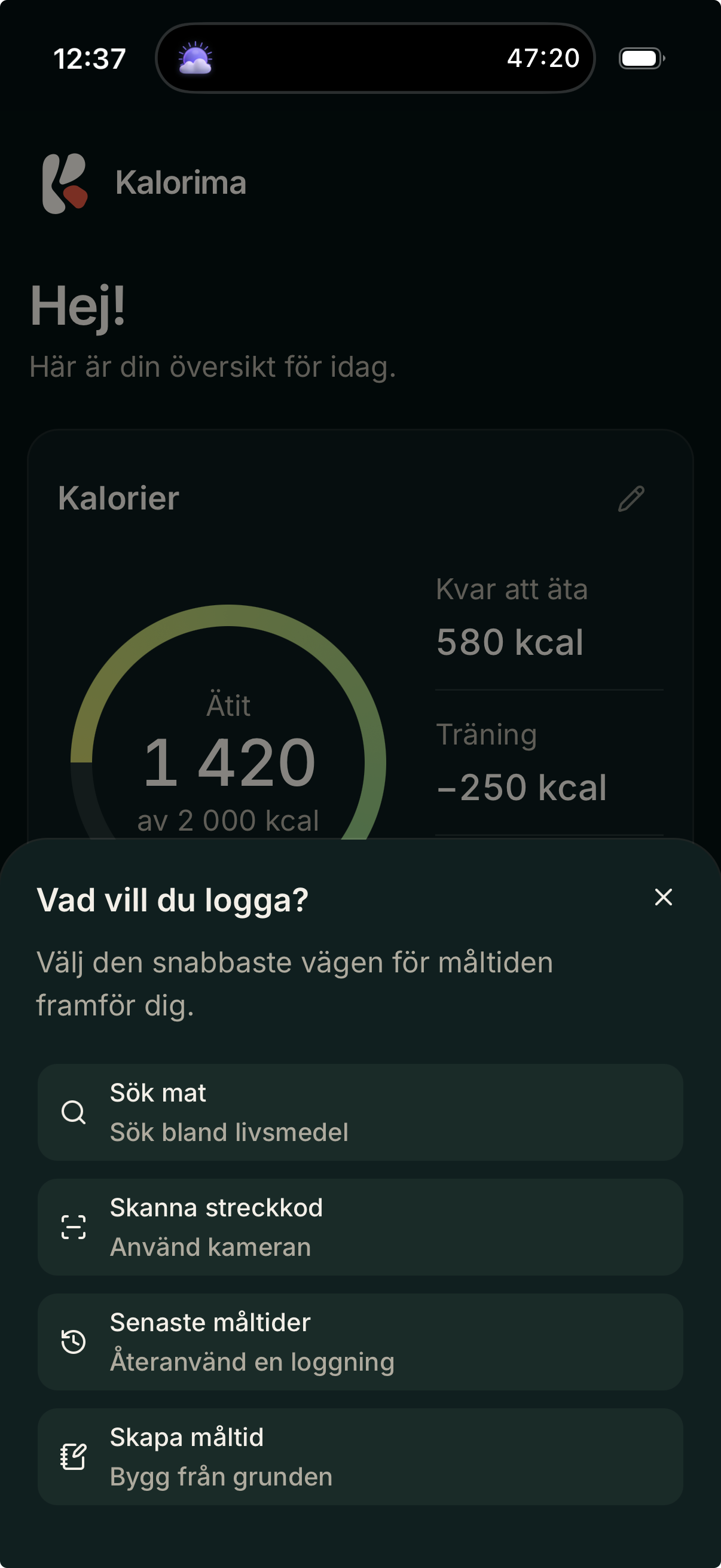 Kalorimas meny för att söka, skanna, återanvända eller skapa en måltid.